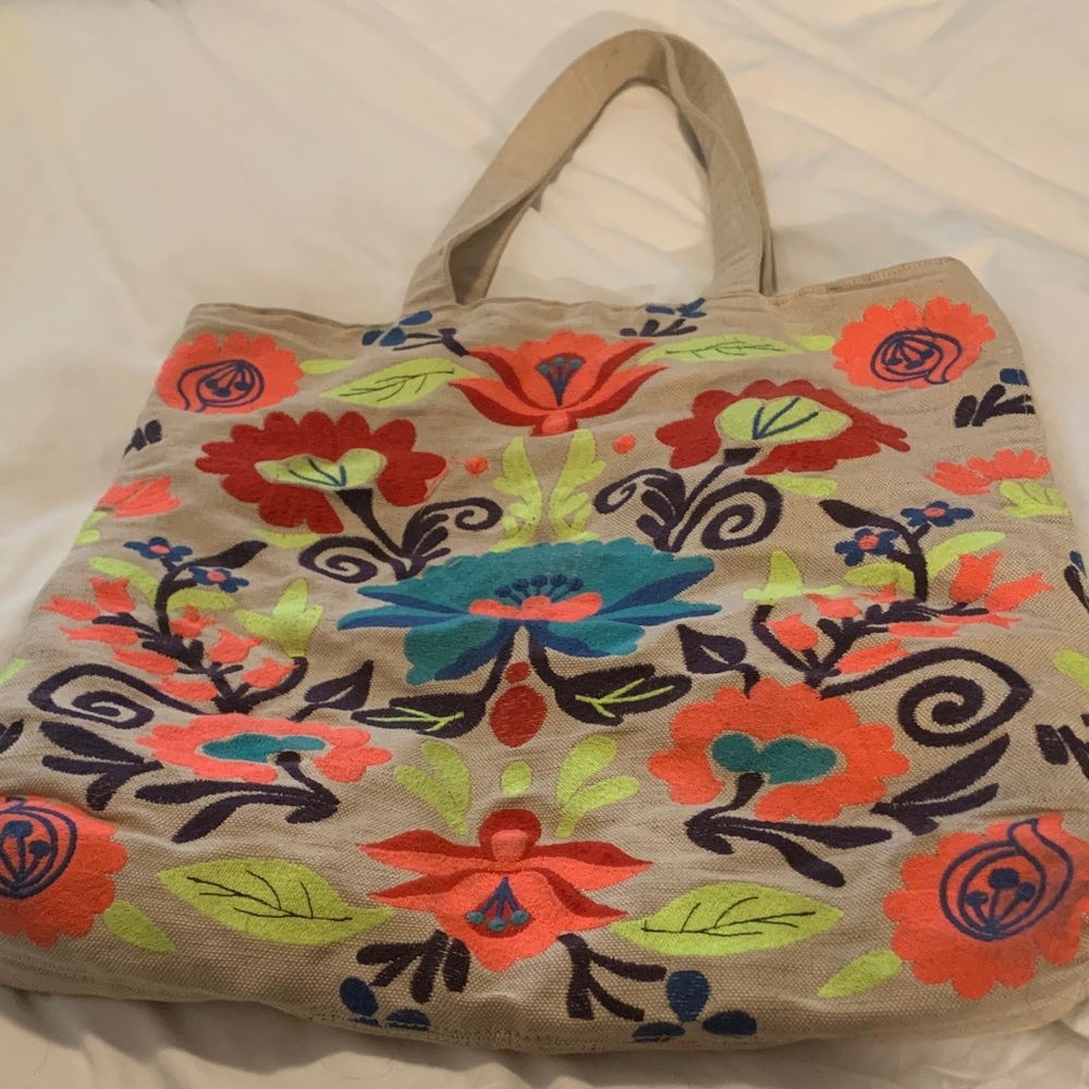 Merona Floral Embroidered Tote Bag - Beige and Multicolor